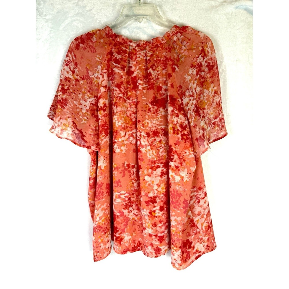 CeCe 1X Coral Pink Floral Sheer Blouse Tie Neck Flutter Sleeve Romantic - Picture 4 of 8